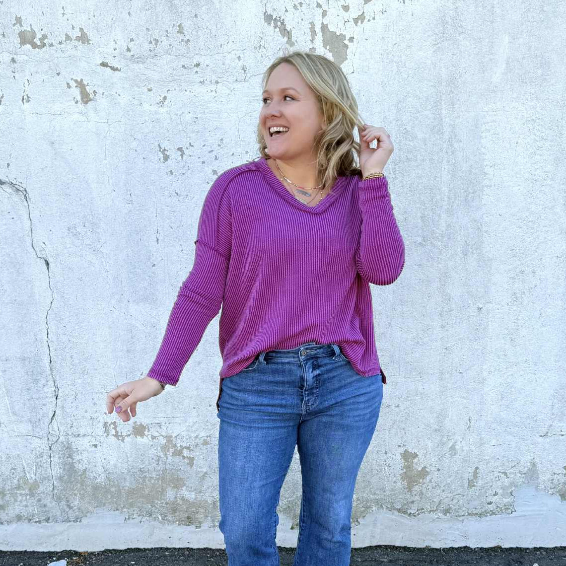 Rib Mode Long Sleeve V-Neck Top - Multiple Colors! {SM-2X3X}