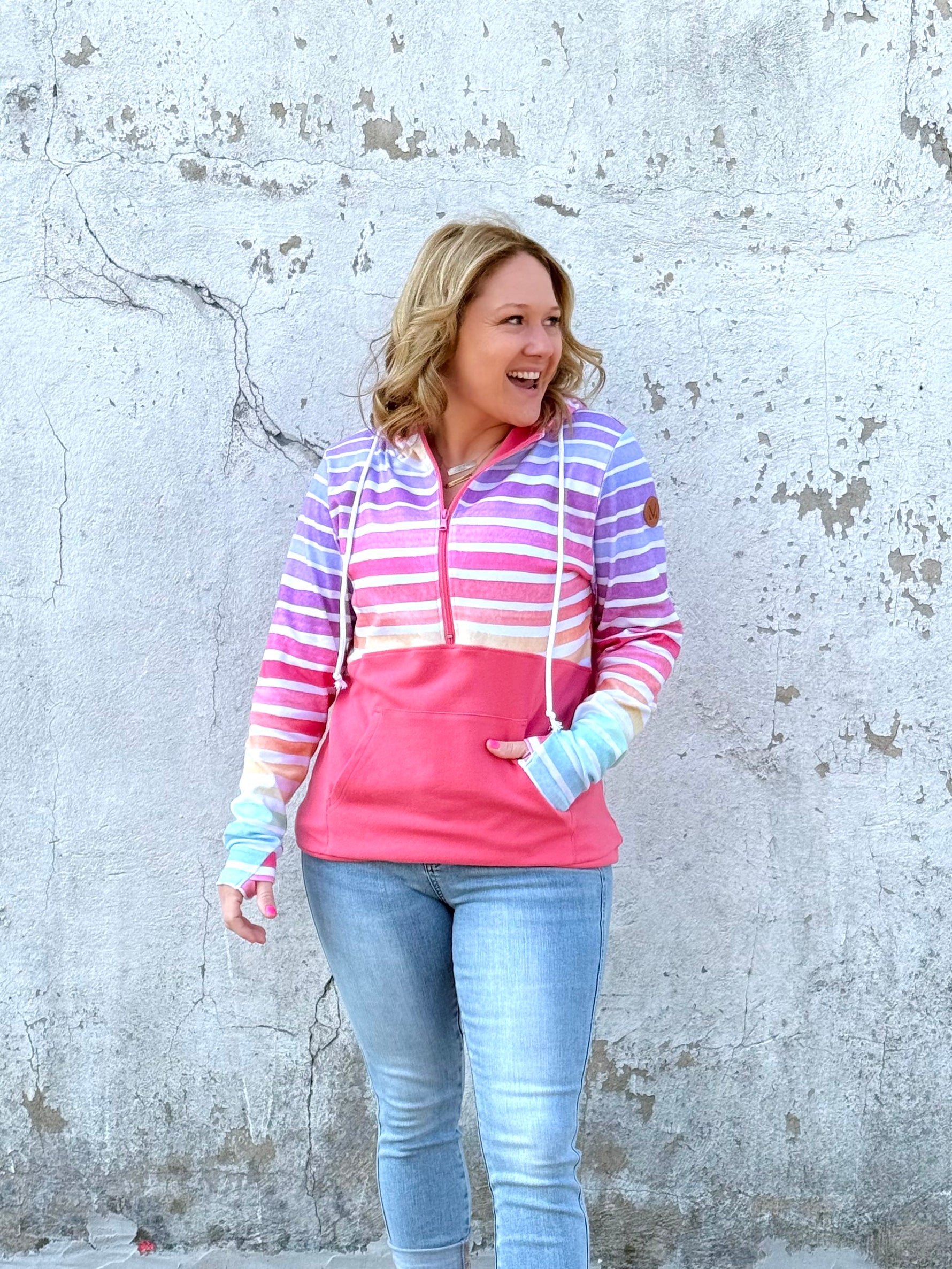 MM Half-Zip Hoodie - Rainbow Stripes & Sun-Kissed Coral {S-3X} - KaraMarie