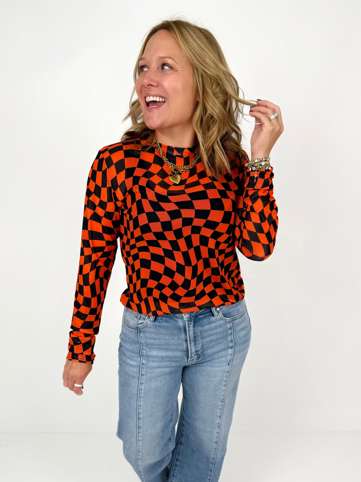 Long Sleeve Mesh Top in Orange/Black Wavy Checker {S-3X}