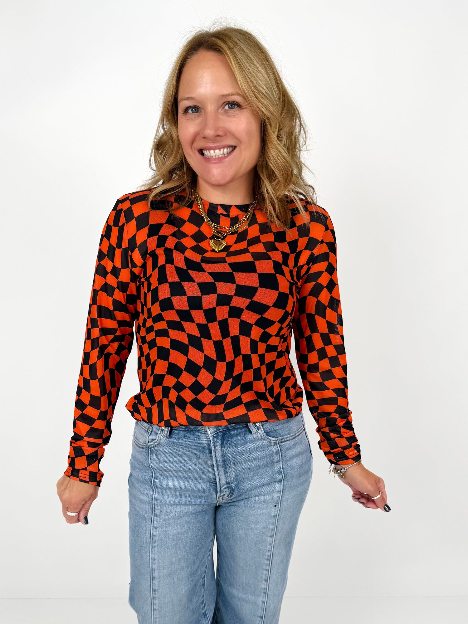 Long Sleeve Mesh Top in Orange/Black Wavy Checker {S-3X}