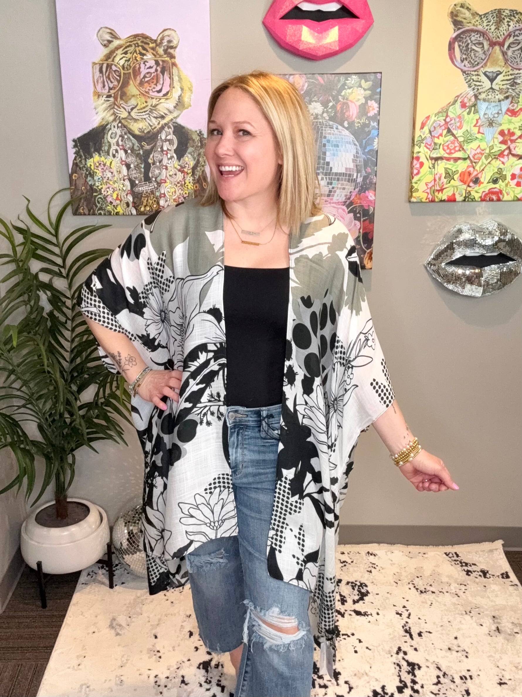Monochrome Bloom Kimono - KaraMarie