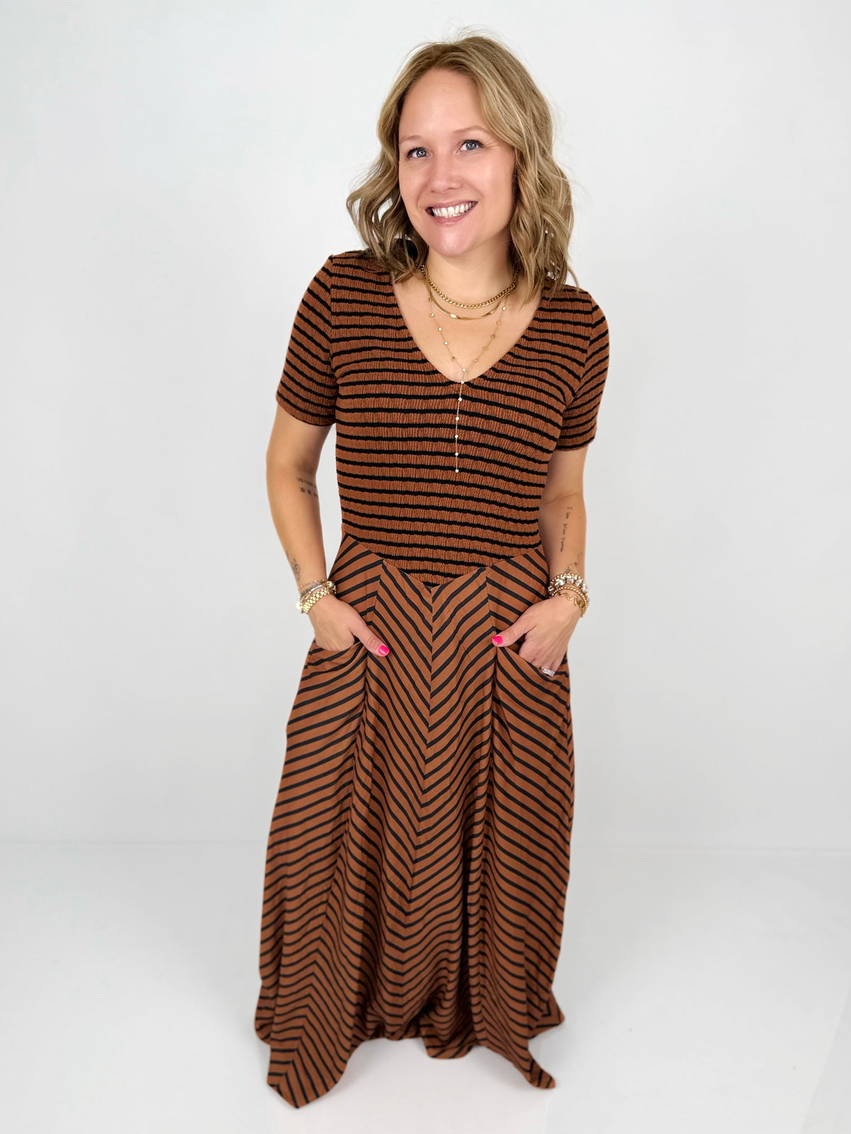 Blakeley Calista Stripe Dress - Brown/Black {XS-2X} - KaraMarie