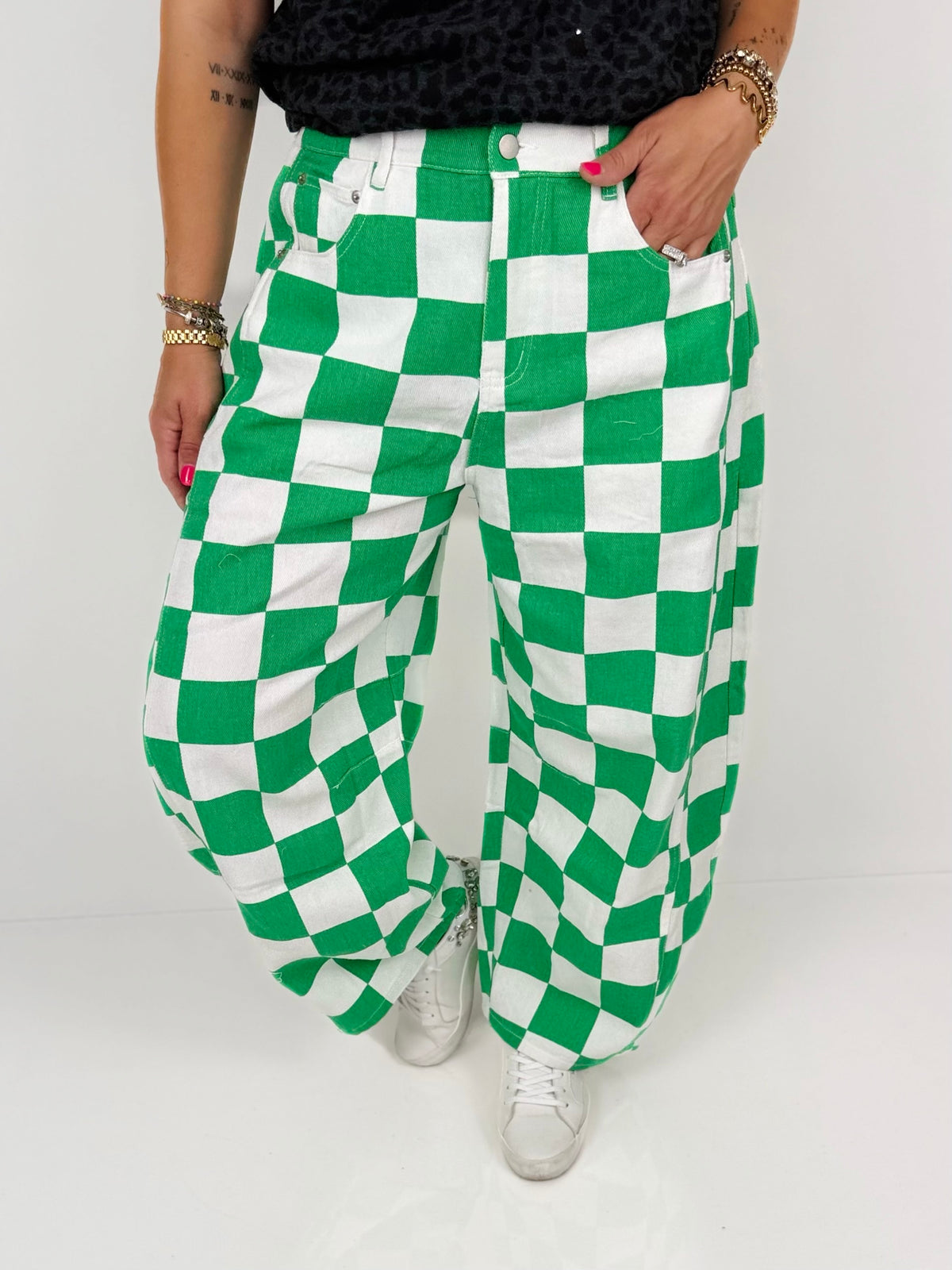 Statement Check Barrel Denim Pants - Green {S-3X} - KaraMarie