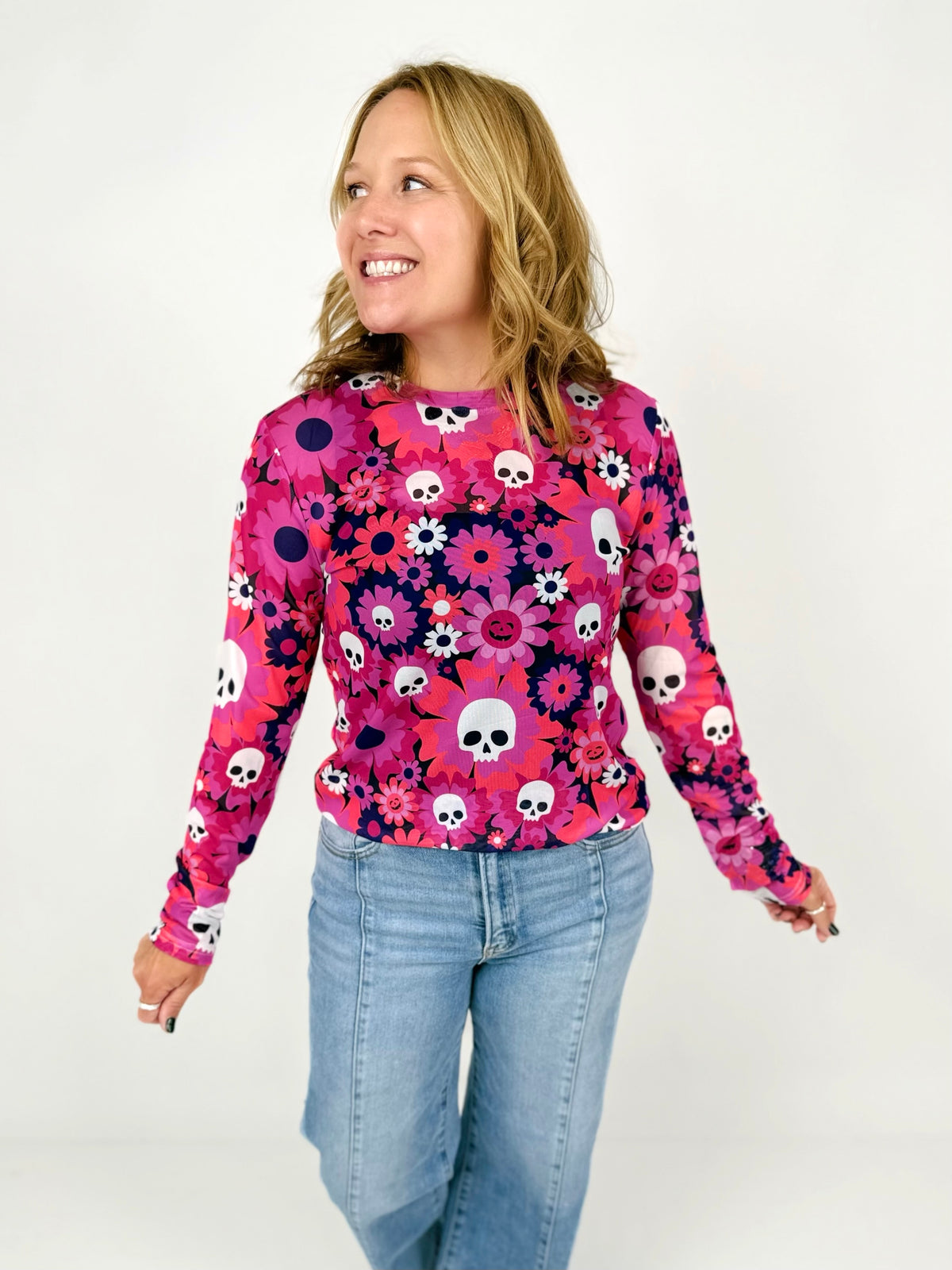 Long Sleeve Mesh Top in Floral Skulls {S-3X}