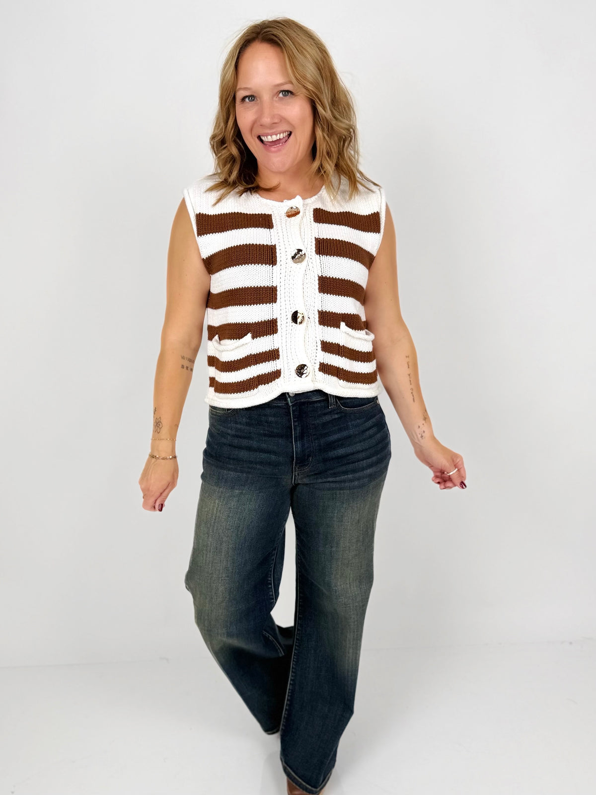 Relaxed Button Sweater Vest - Brown Stripes {S-L}