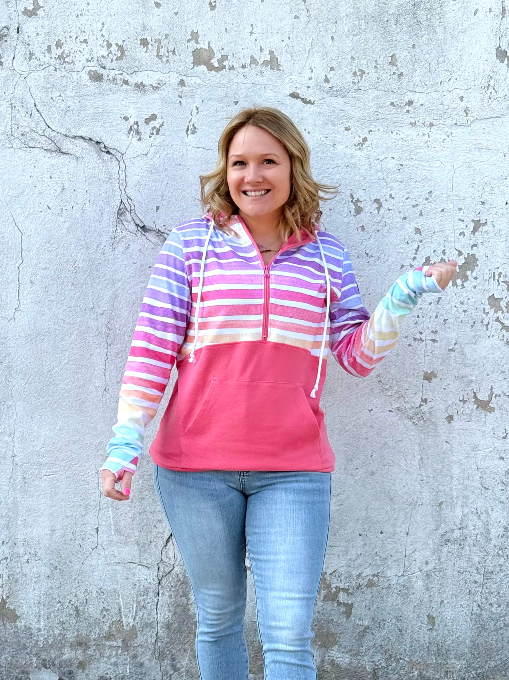 MM Half-Zip Hoodie - Rainbow Stripes & Sun-Kissed Coral {S-3X} - KaraMarie