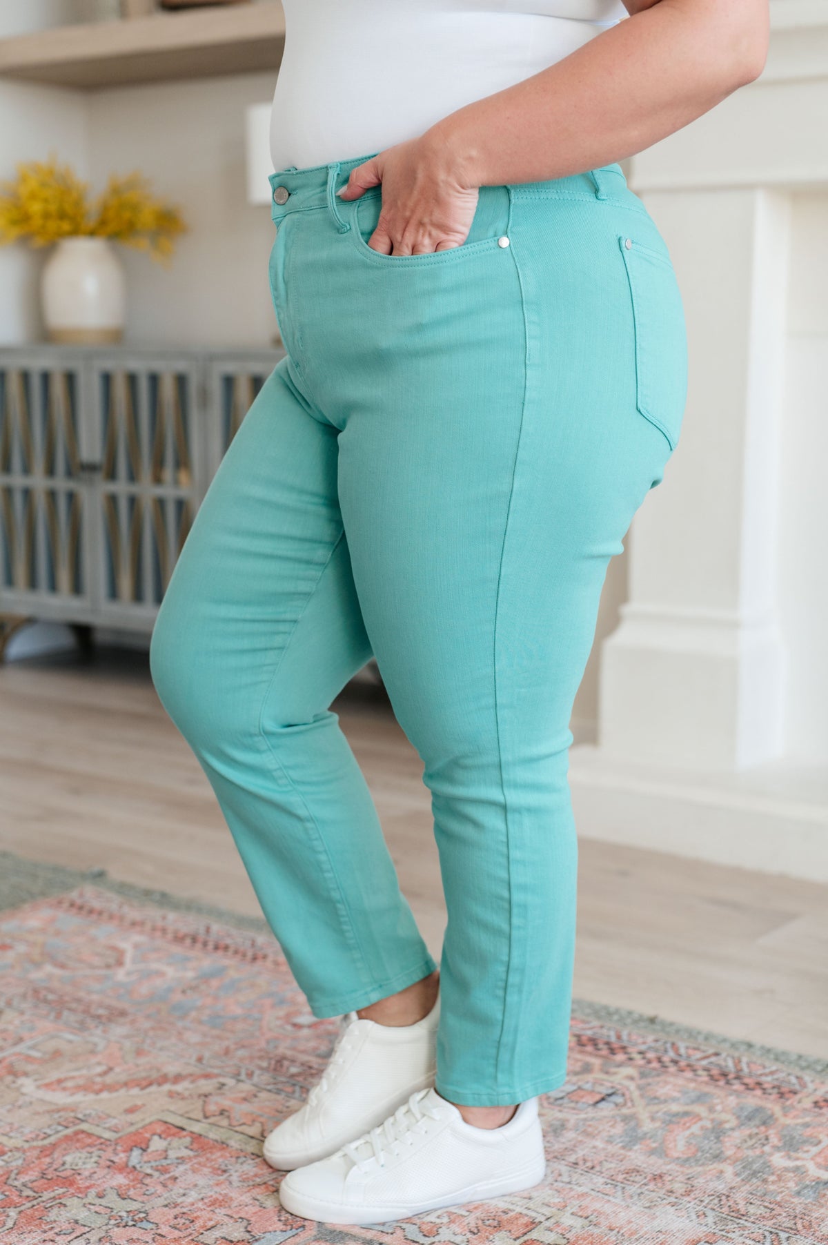 Bridgette High Rise Garment Dyed Slim Jeans in Aquamarine - KaraMarie