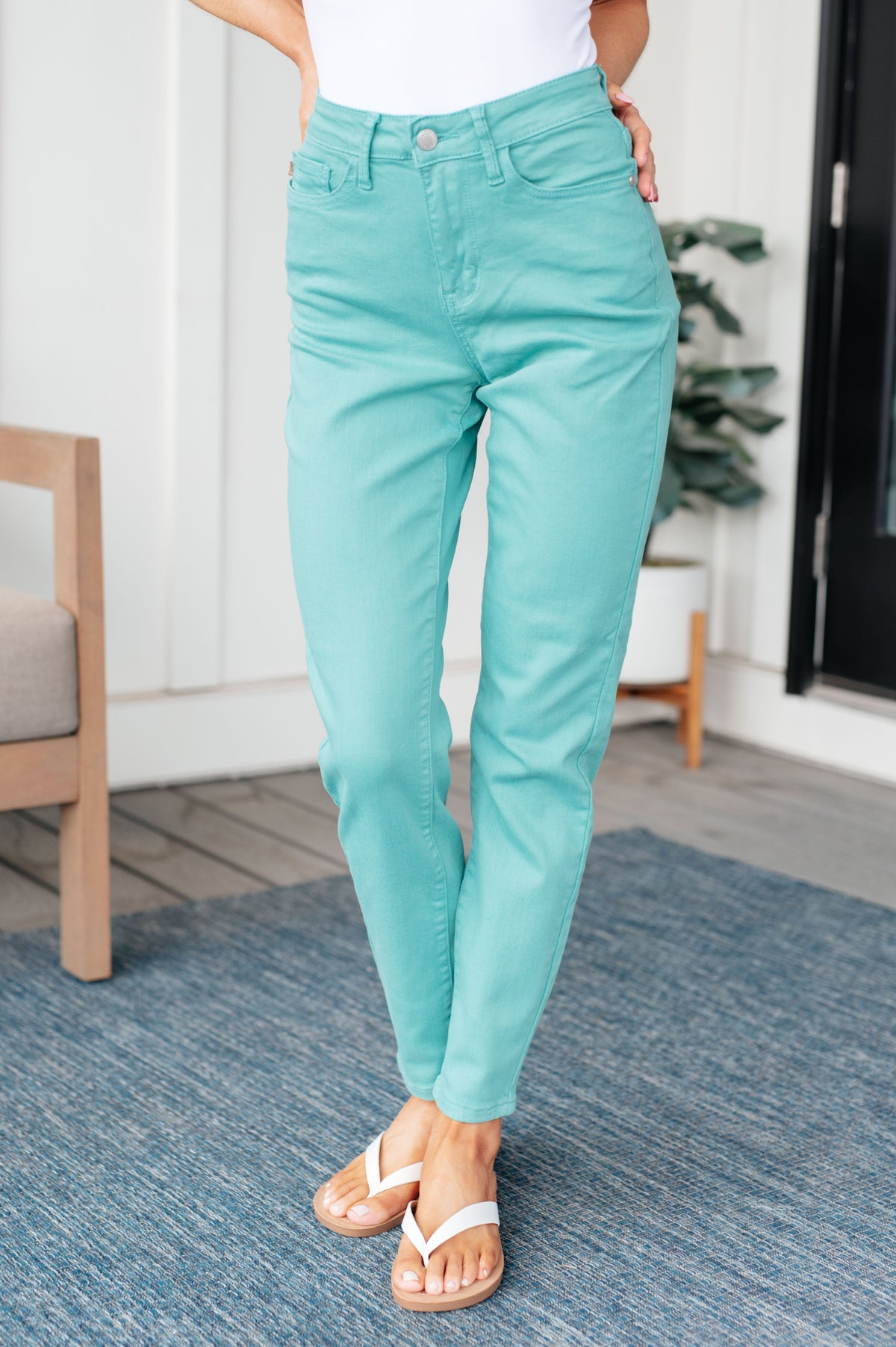 Bridgette High Rise Garment Dyed Slim Jeans in Aquamarine - KaraMarie