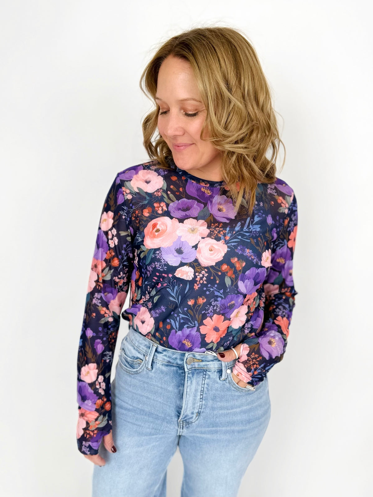 Long Sleeve Mesh Top in Purple Floral {S-3X}