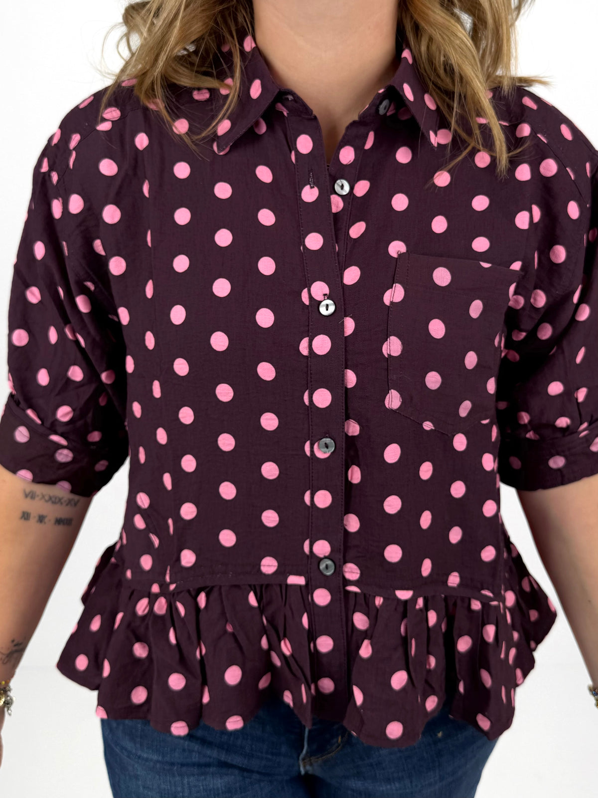 Darling Dots Ruffle Top - Wine {S-2X}