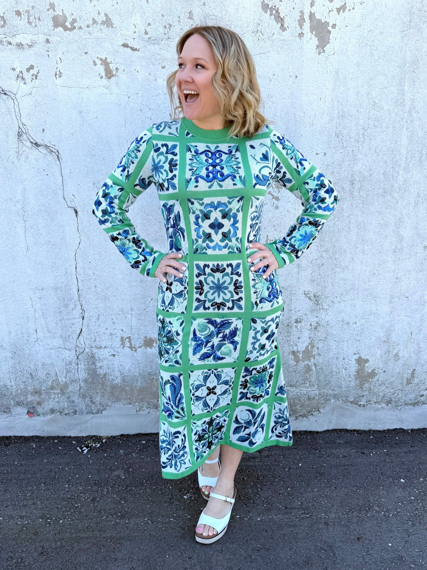Queen of Sparkles :: Green & Blue Italian Tile Midi Dress {S-XL} - KaraMarie