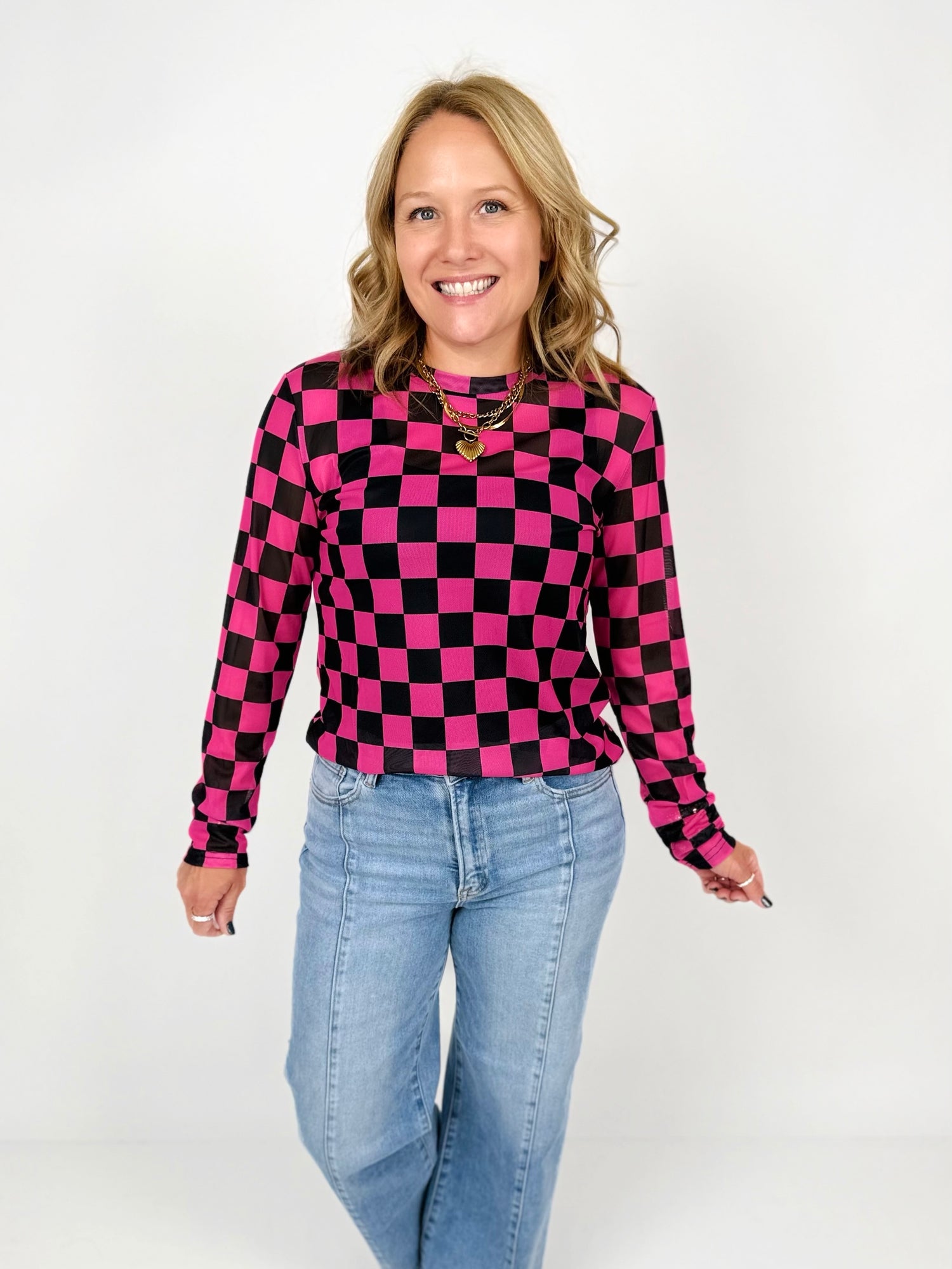 Long Sleeve Mesh Top in Pink/Black Checker {S-3X}