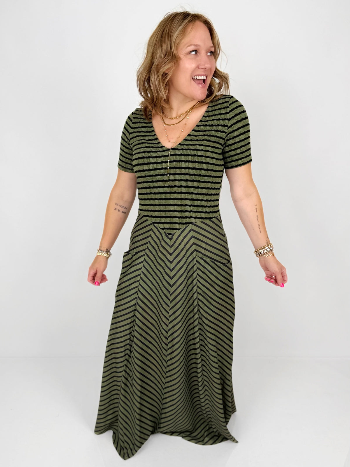 Blakeley Calista Stripe Dress - Olive/Black {XS-2X} - KaraMarie