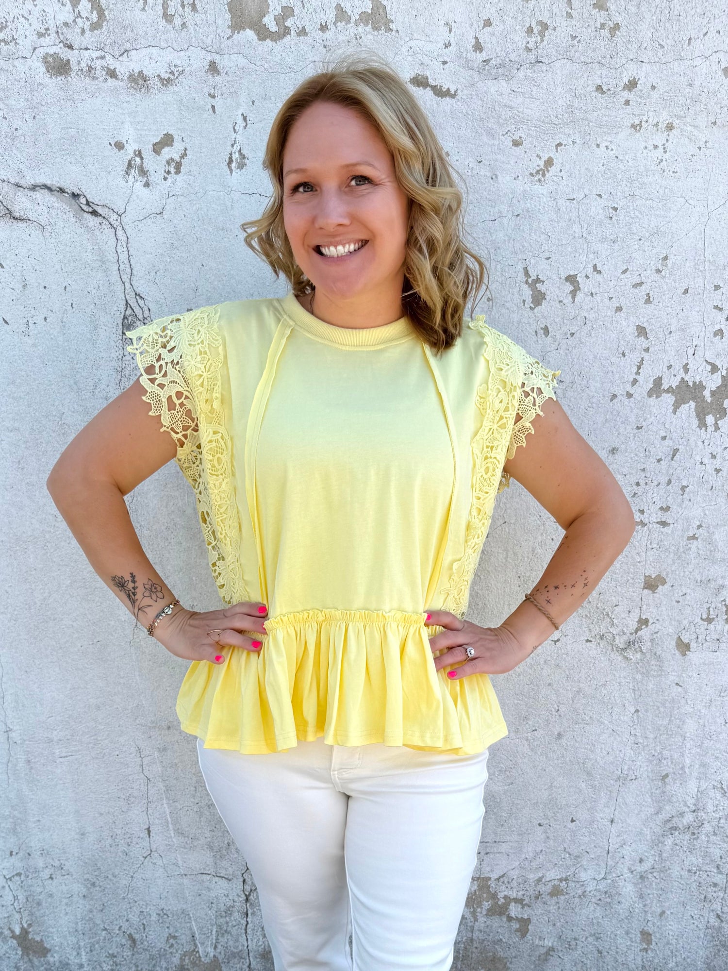 Lace Haven Peplum Top - Yellow {S-XL} - KaraMarie
