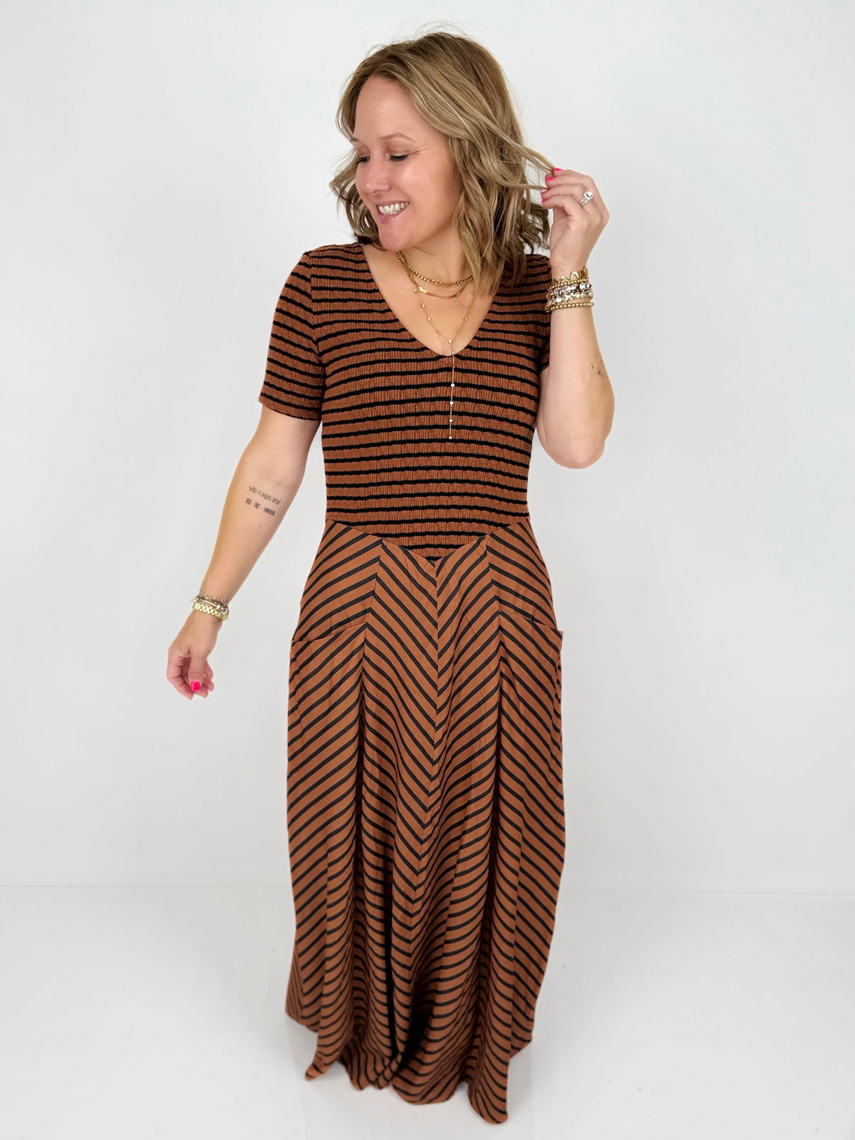 Blakeley Calista Stripe Dress - Brown/Black {XS-2X} - KaraMarie