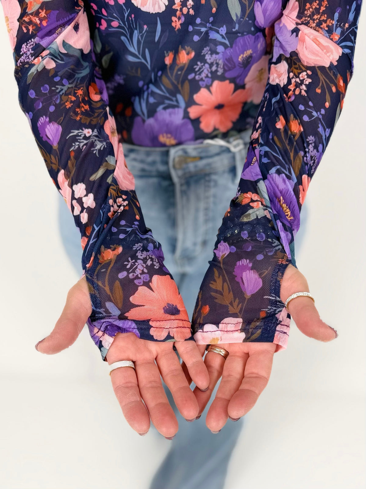Long Sleeve Mesh Top in Purple Floral {S-3X}