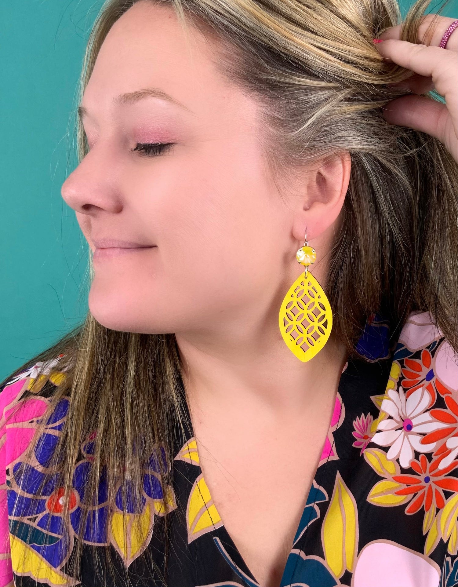 Yellow Windowpane Wooden Earrings