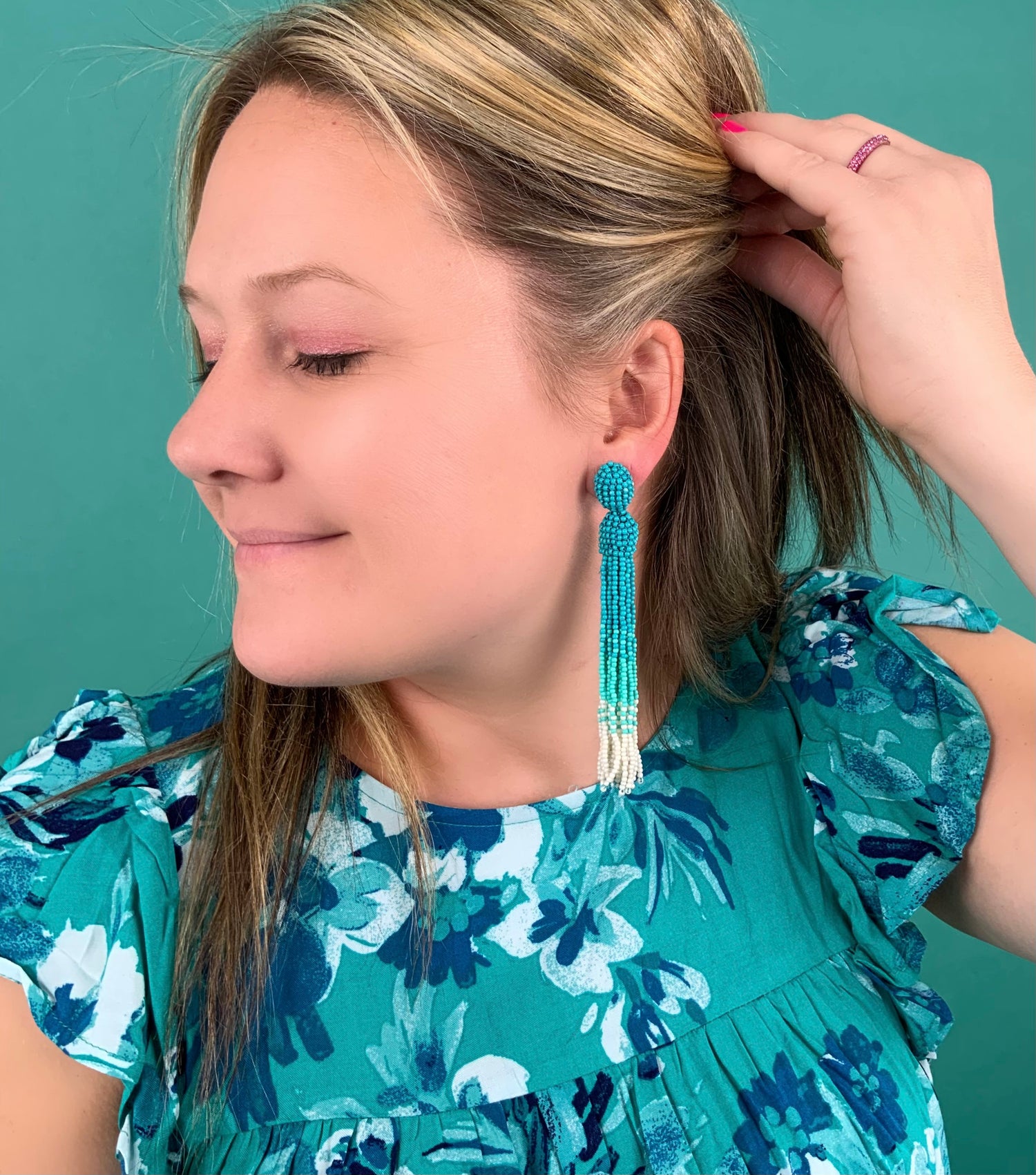 Turquoise Ombre Beaded Tassel Earrings