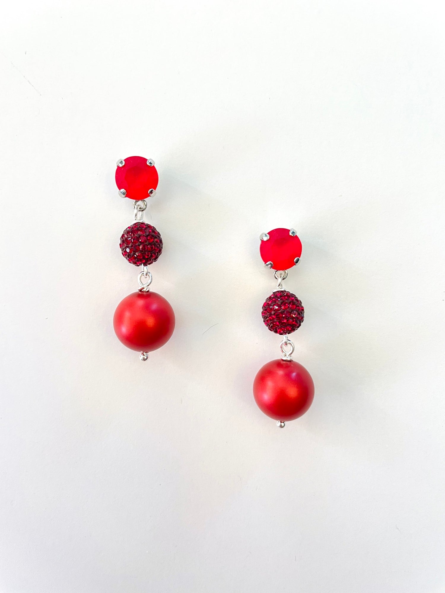 Pave Ball Drop Earrings in Red Hues