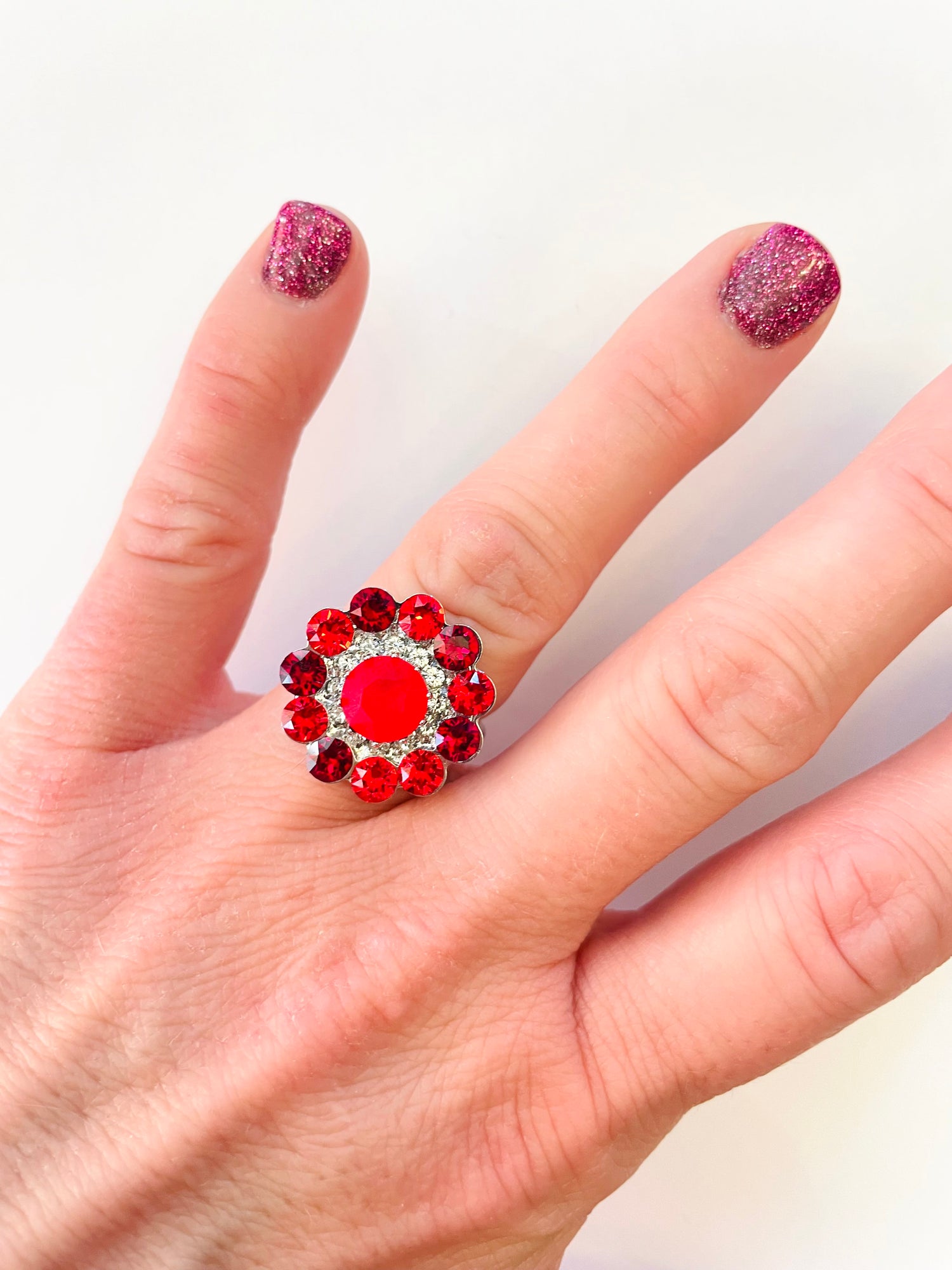 Sunburst Flower Ring in Red Hues