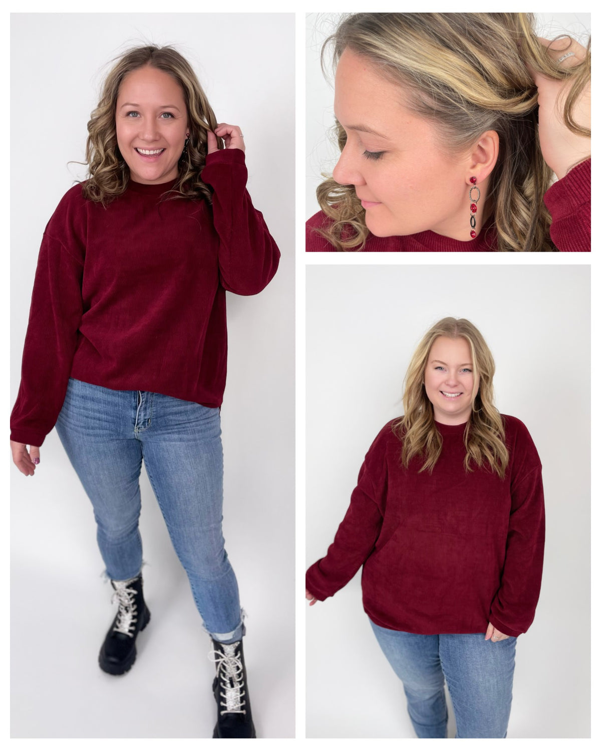 Charlie Luxury Corded Crew in Burgundy {M-3X} - KaraMarie