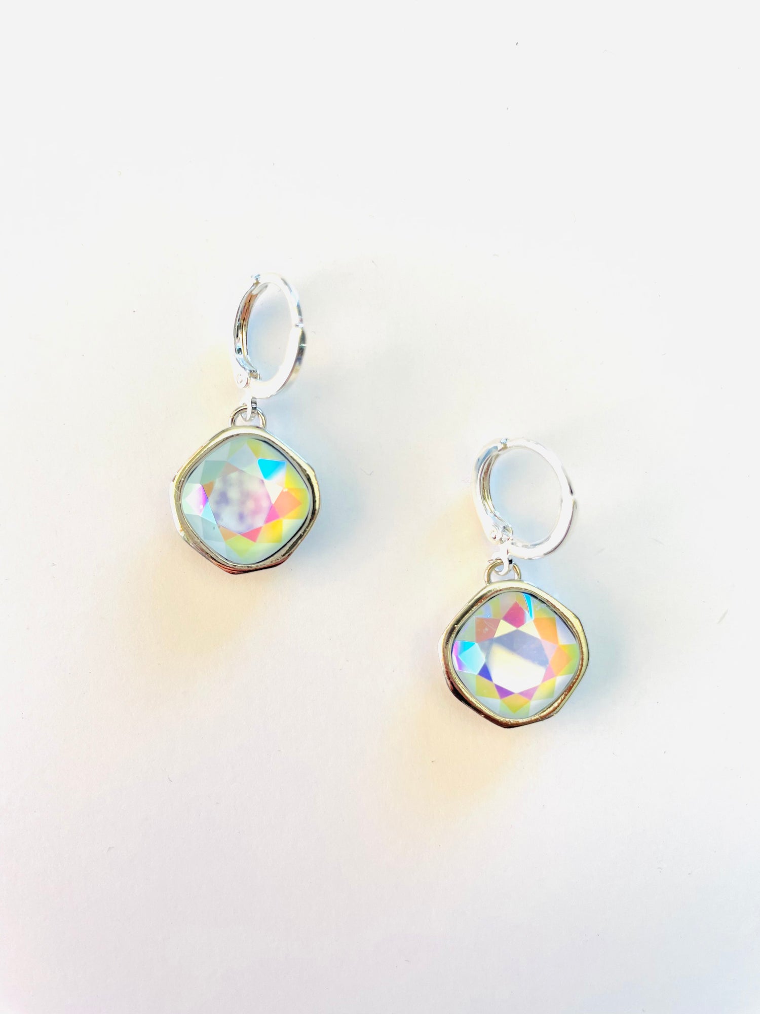 Square Cushion Cut Huggie Earrings in Powder Blue AB