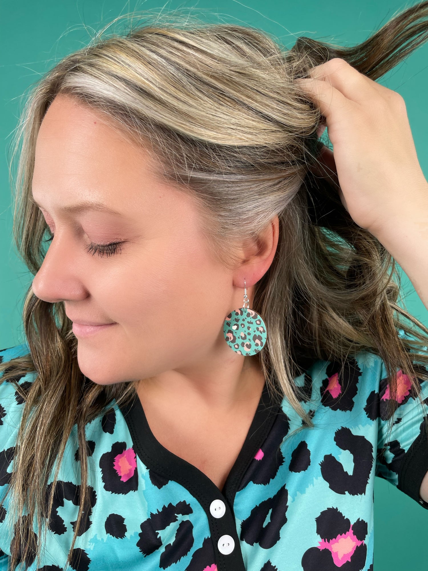 Blue + Pink Leopard Wood Earring