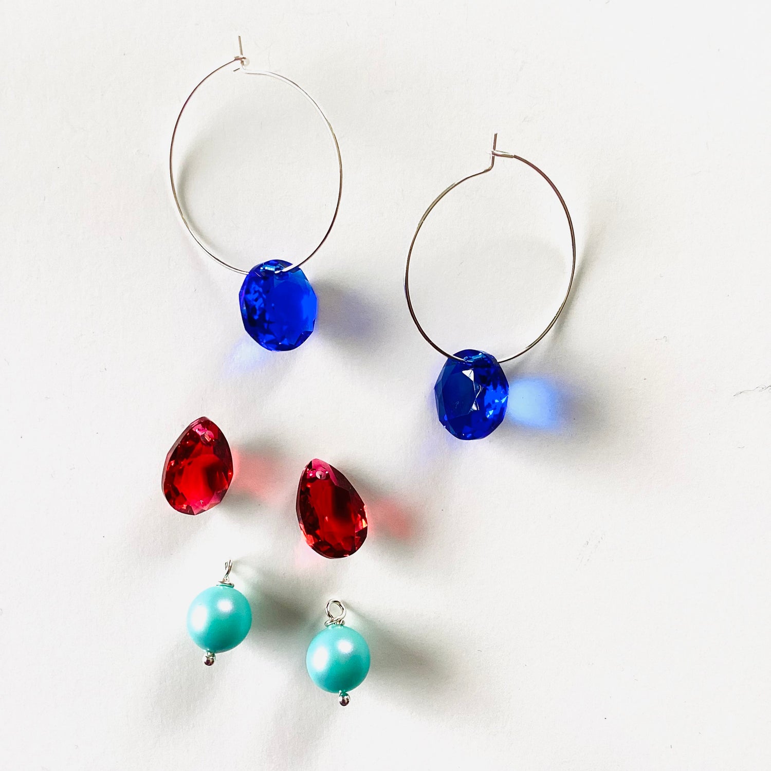 Interchangeable Hoop Earrings! Set of 3 Earrings! Majestic Blue, Scarlet, Iridescent Light Turquoise