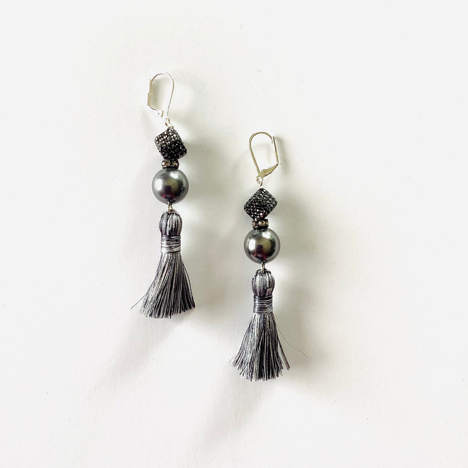 Charcoal Dice Tassel Earrings
