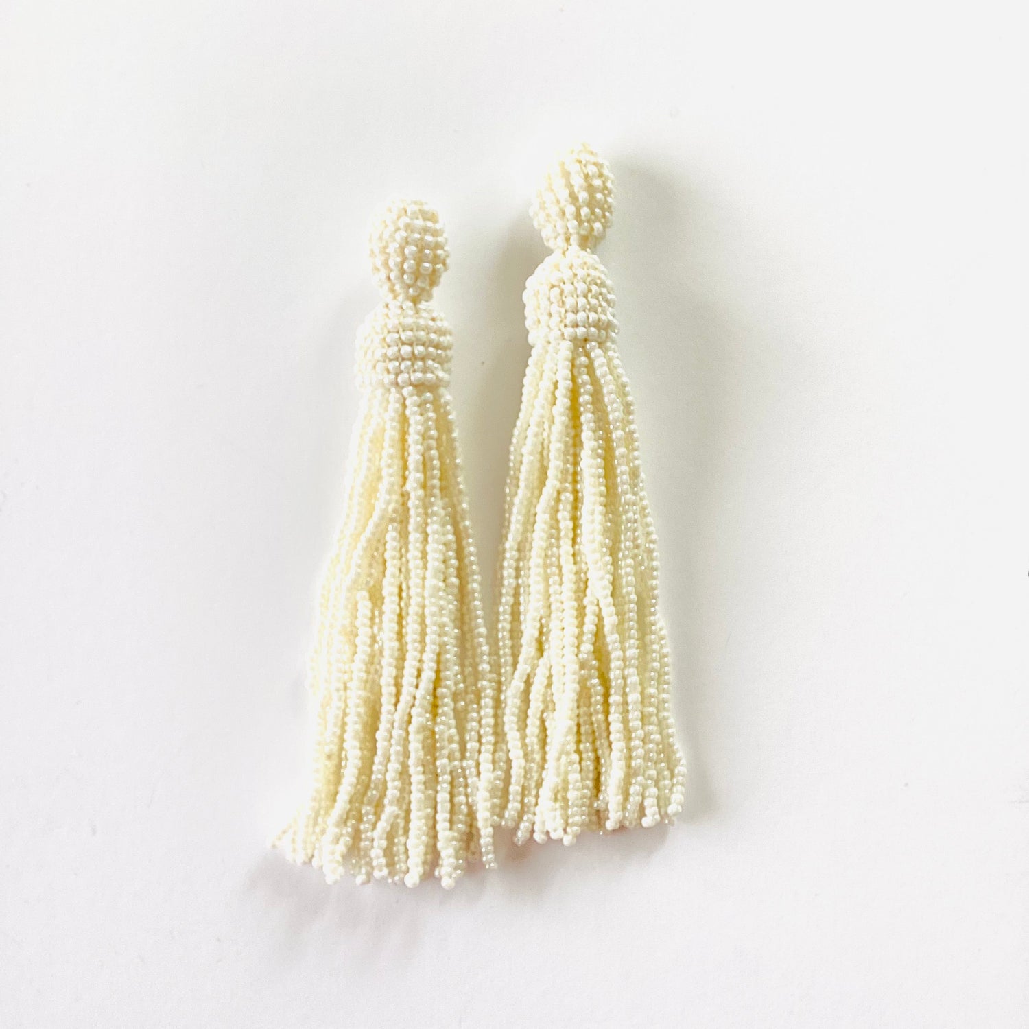 White Beaded Tassel Earrings