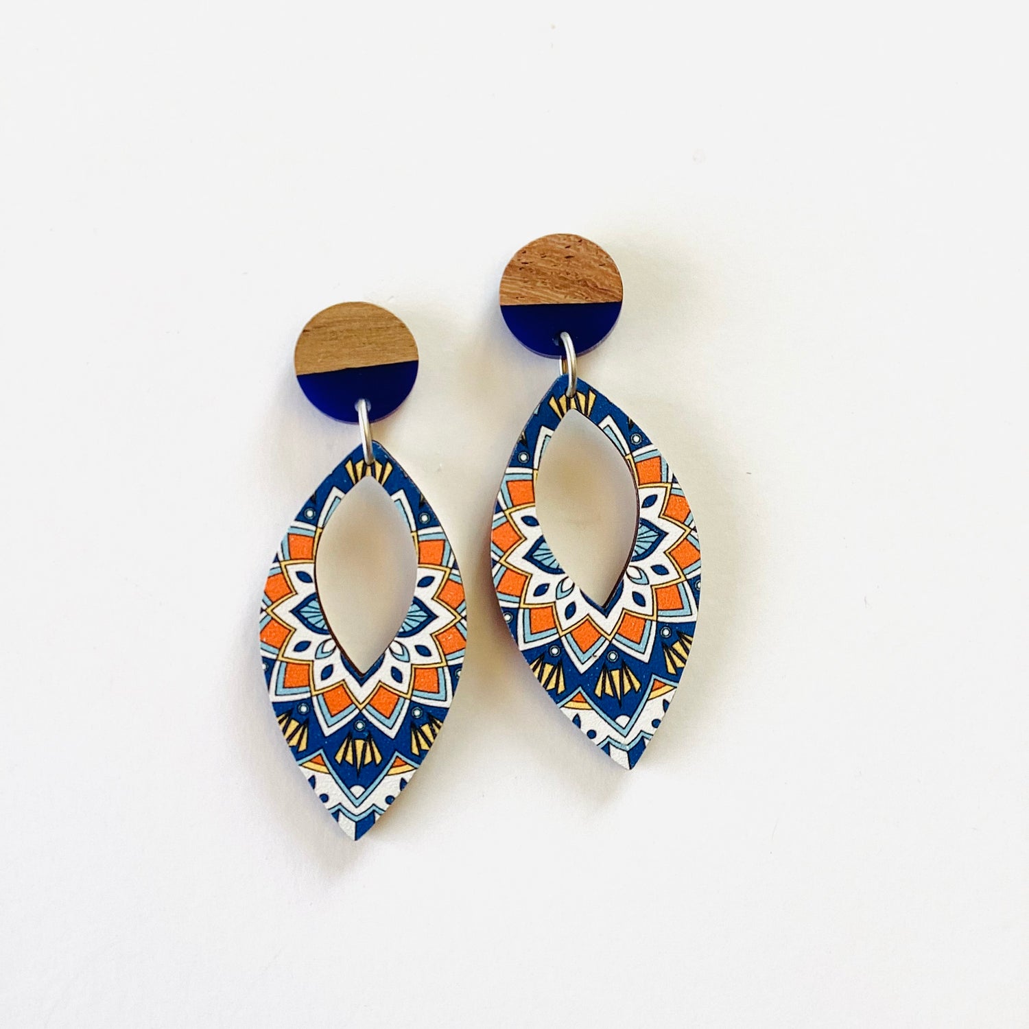 Navy + Orange Burst Boho Wood Earrings - KaraMarie