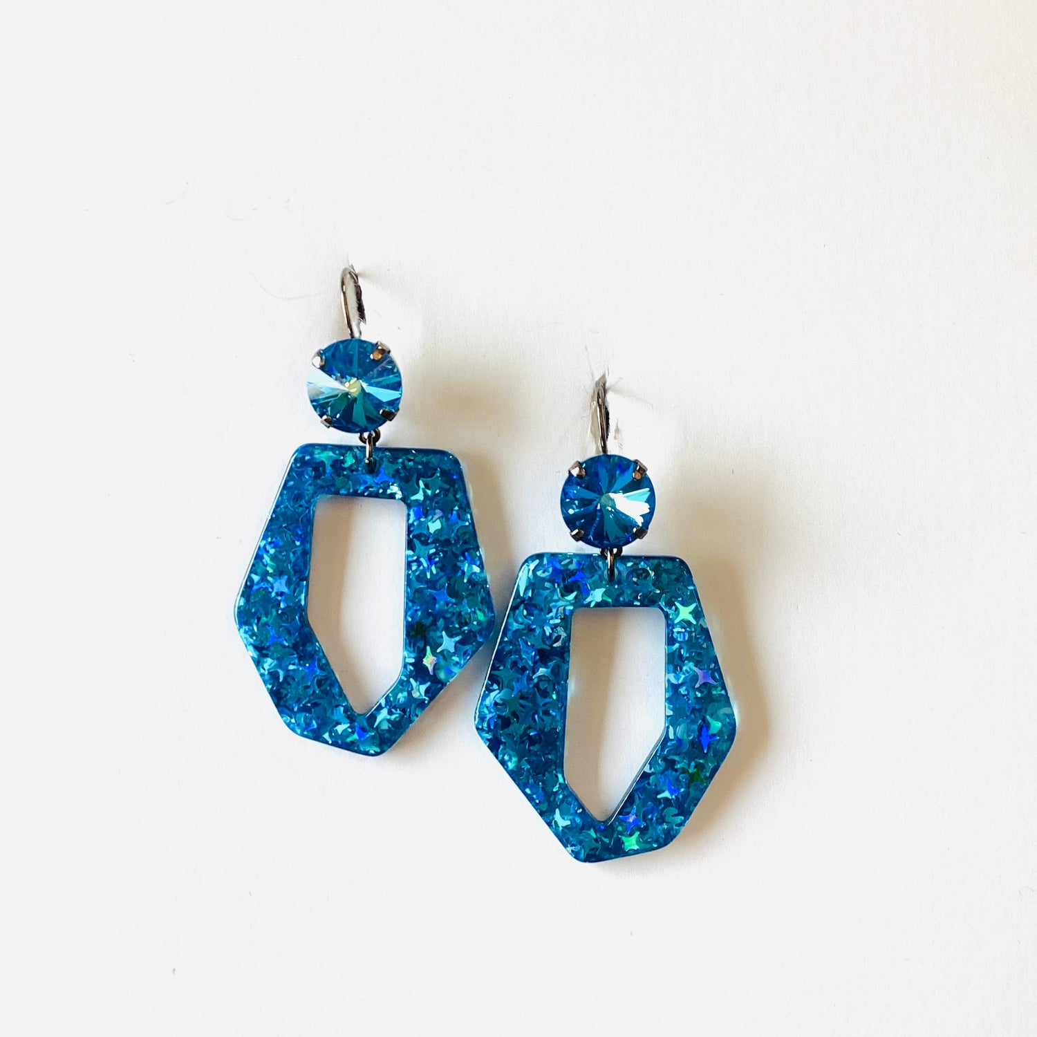 Gunmetal Blue Star Glitter Drop Earrings