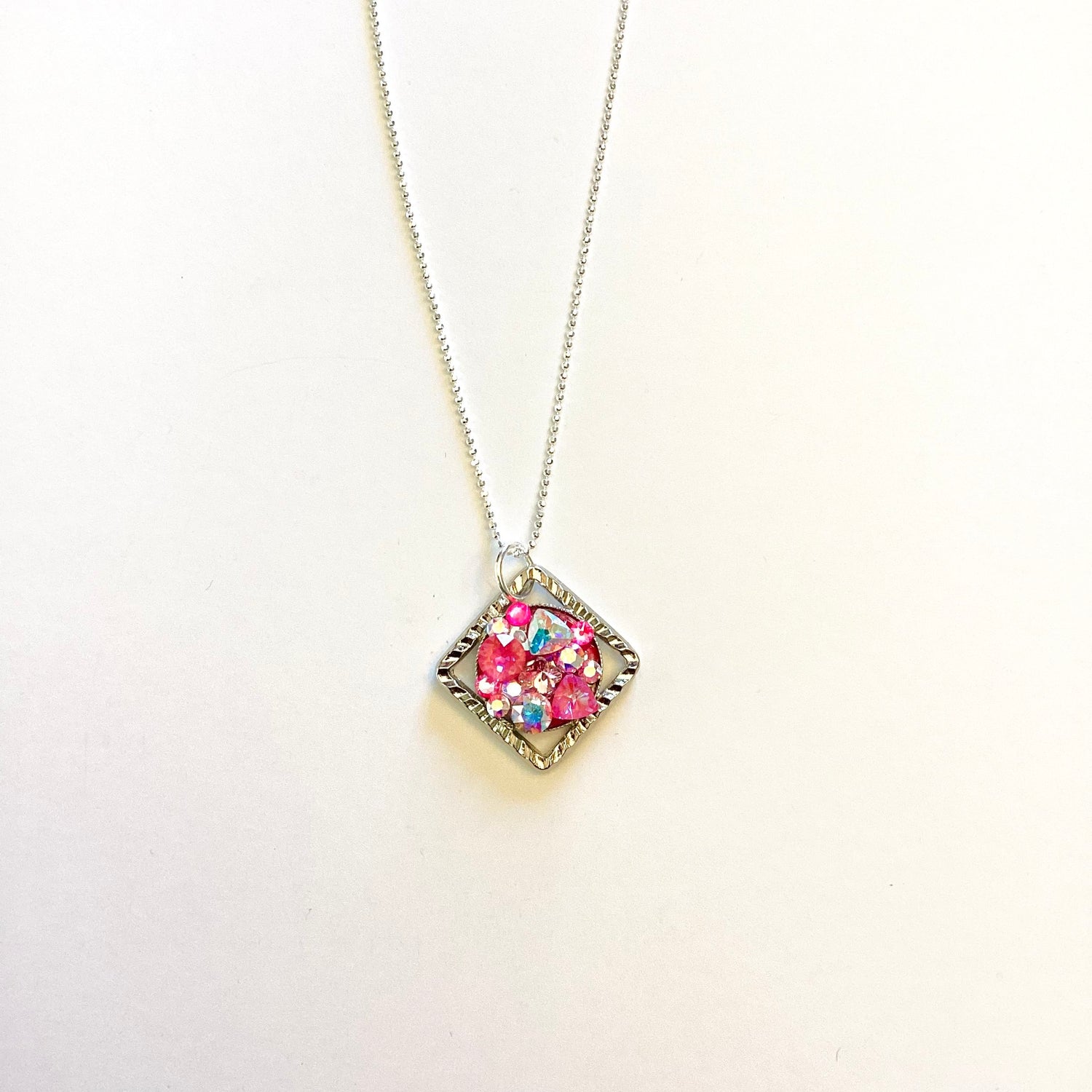 Square Floating Treasure Chest Necklace in Pink Hues