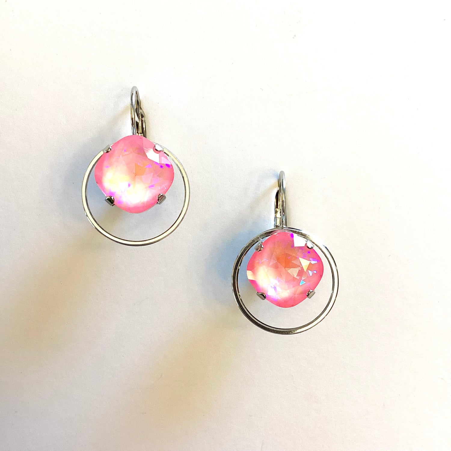 12mm Square Cushion Cut Loppy Earrings in Ultra Petal Pink