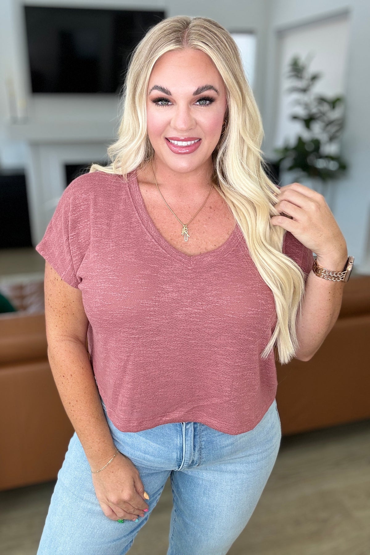 Classic Comfort V-Neck Top in Winter Rose - KaraMarie