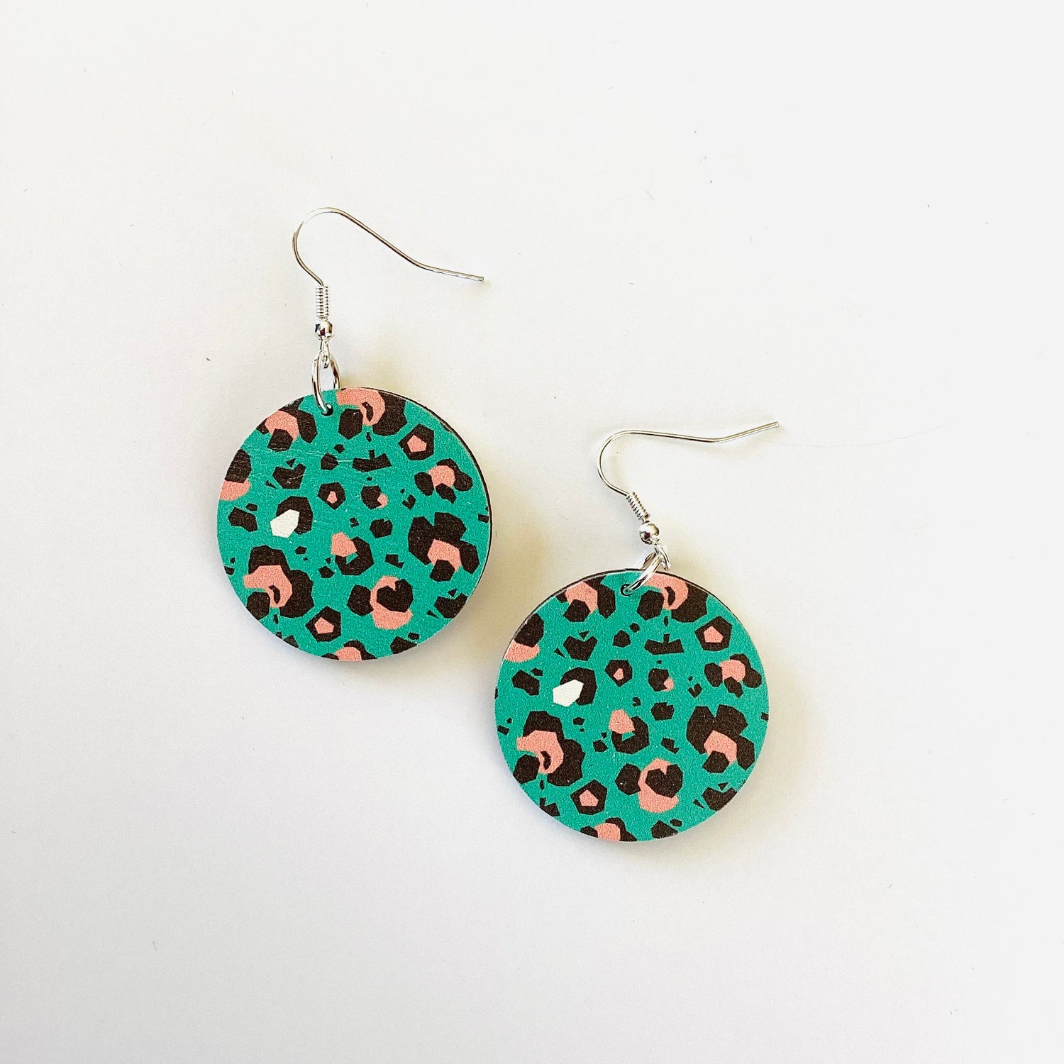 Blue + Pink Leopard Wood Earring