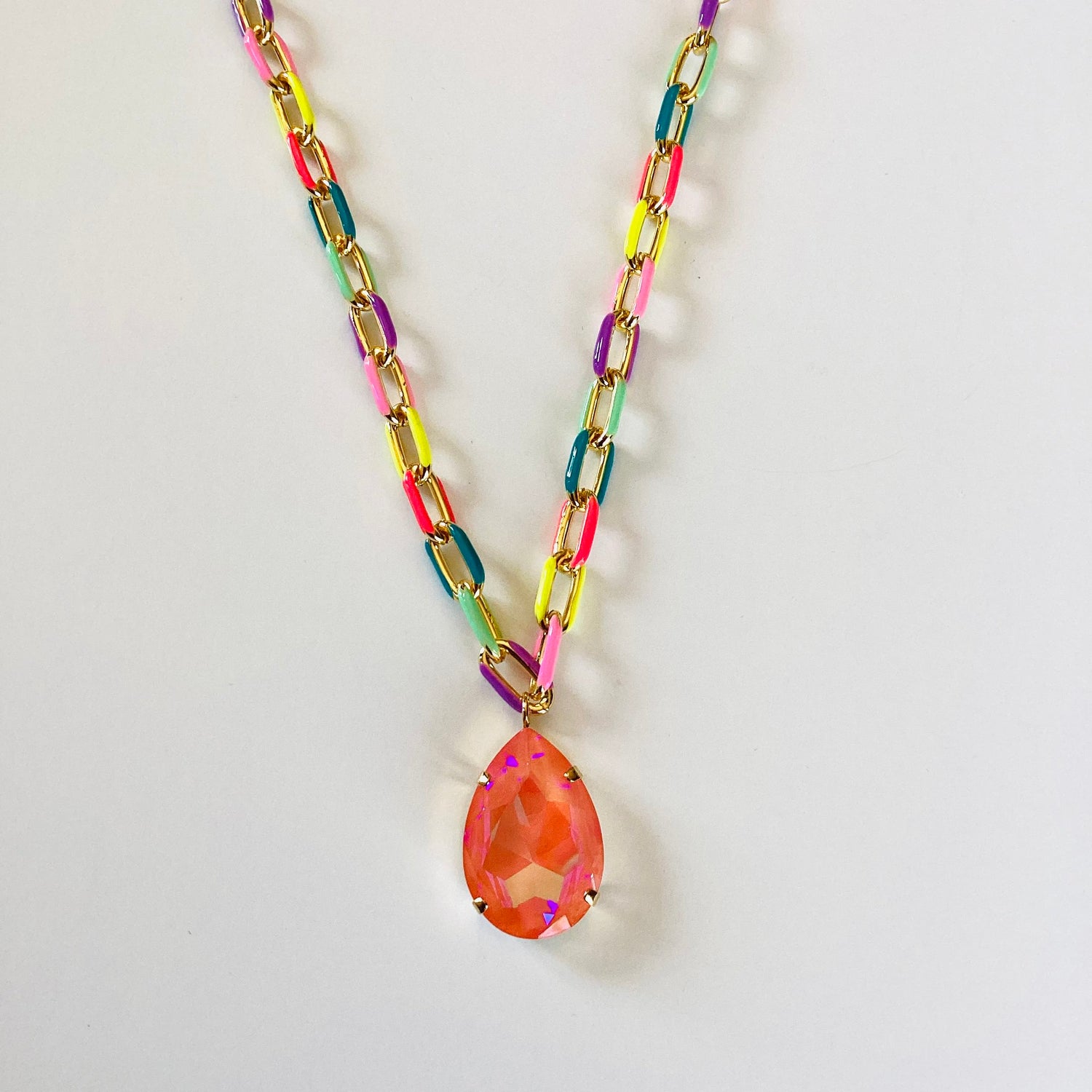 Colorful Gold Enamel Chain Necklace with Statement Crystal {Multiple Colors!} - KaraMarie