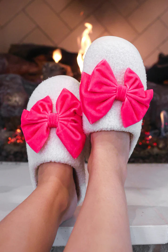 Cozy Bow Slippers - White/Pink - KaraMarie