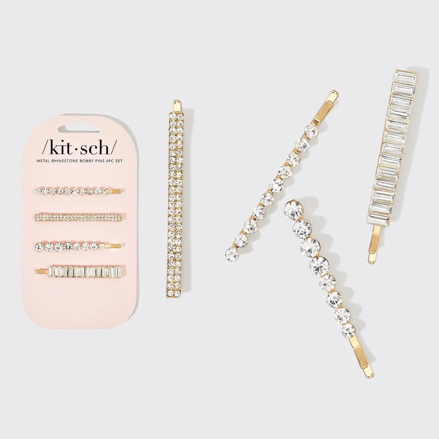 Rhinestone Bobby Pins 4 Pcs Set - Gold