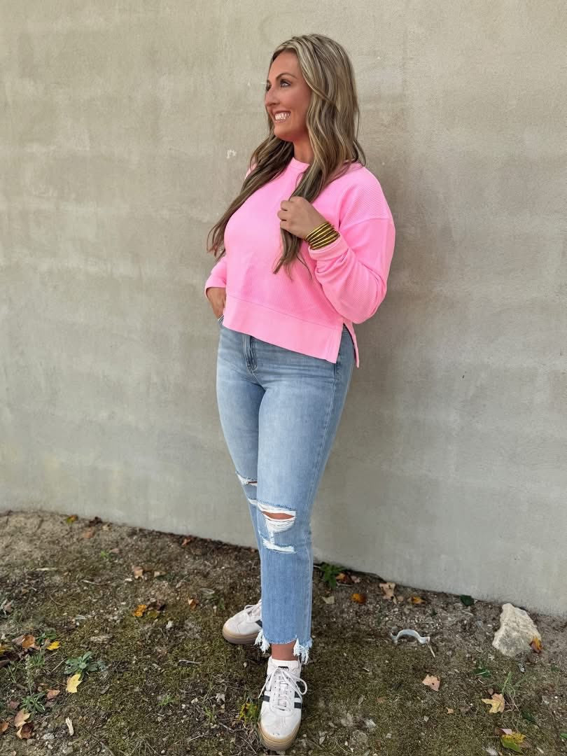 Moon Ryder Corded Cropped Side Slit Crew Top - Neon Pink {XS-XL}