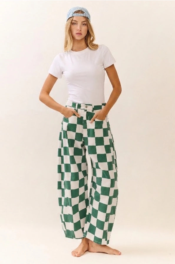 Statement Check Barrel Denim Pants - Green {S-3X}