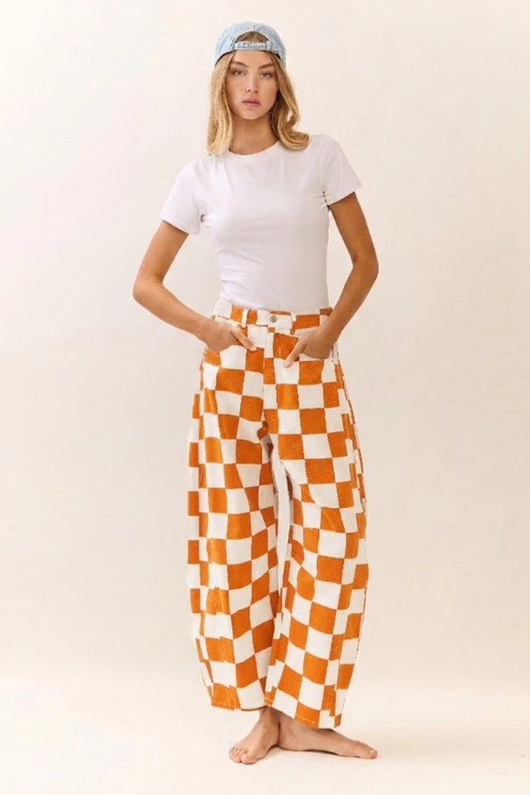 Statement Check Barrel Denim Pants - Orange {S-3X}