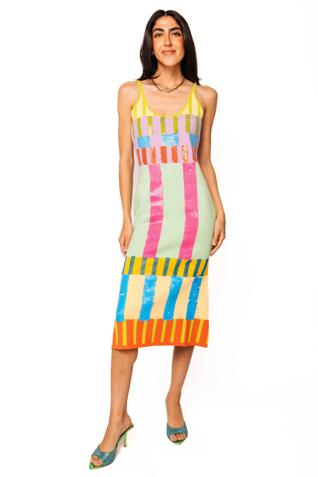 Queen of Sparkles :: Beige Multi Stripe Colorblock Knit Midi Dress {S-XL}