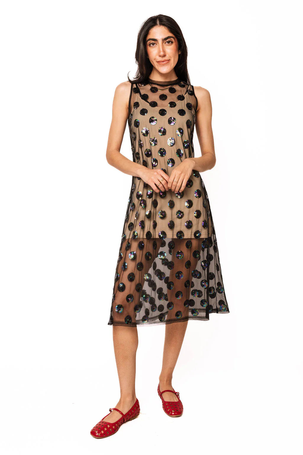 Queen of Sparkles :: Black Sheer Sequin Polka Dot Midi Dress {S-XL}