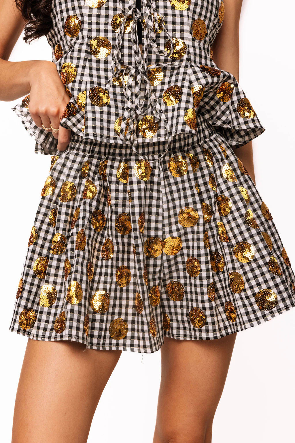 Queen of Sparkles :: Black & White Gingham Pleat Short with Gold Polka Dot {S-XL}