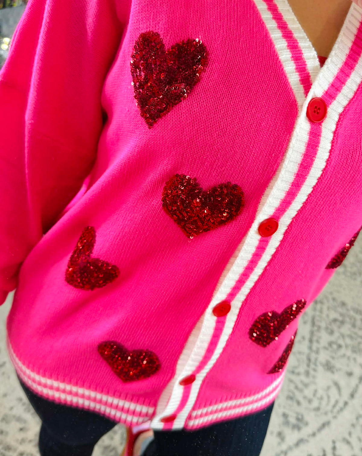 Sequin Patch Happy Hearts Cardigan {S/M-2X/3X} - KaraMarie