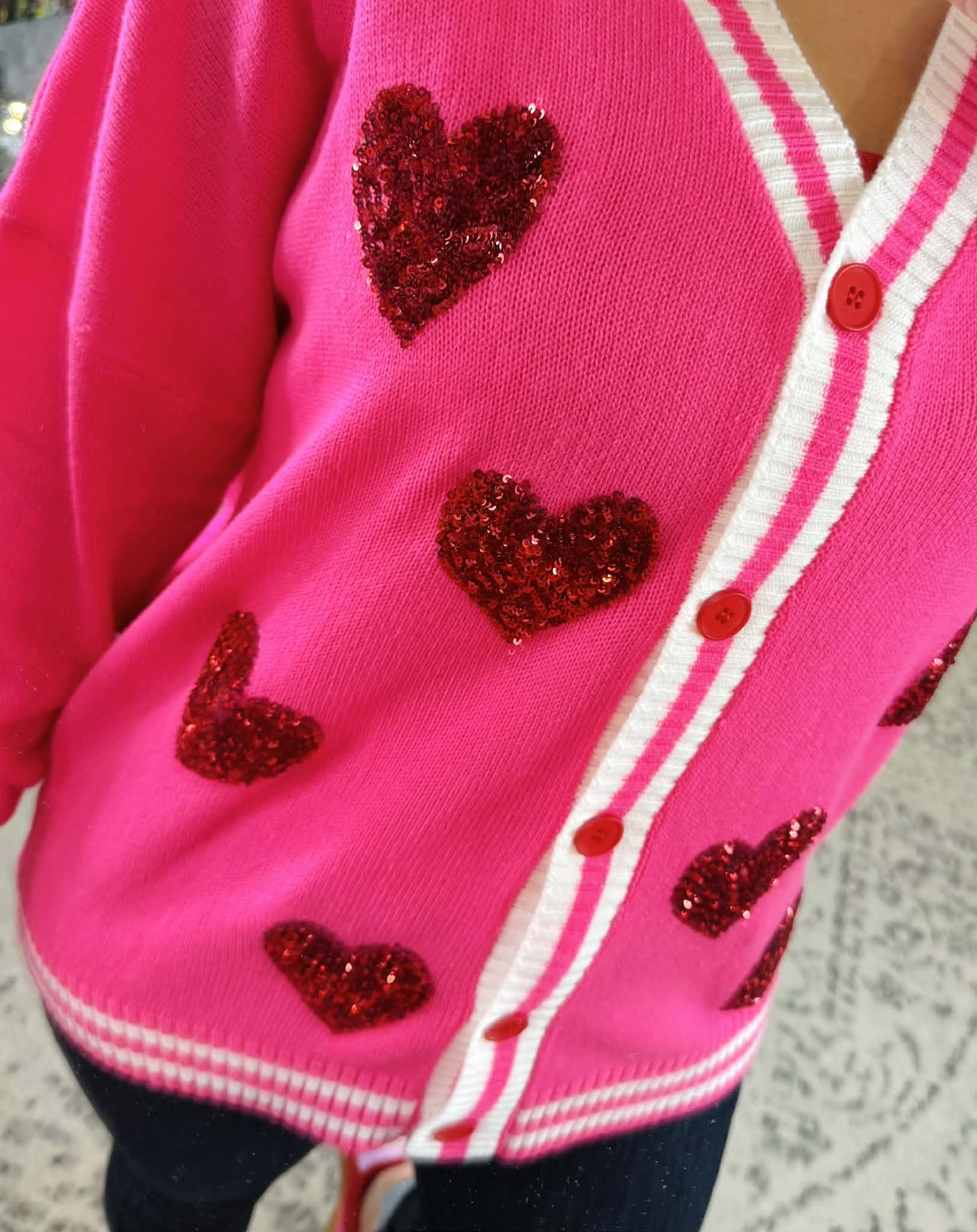 Sequin Patch Happy Hearts Cardigan {S/M-2X/3X} - KaraMarie