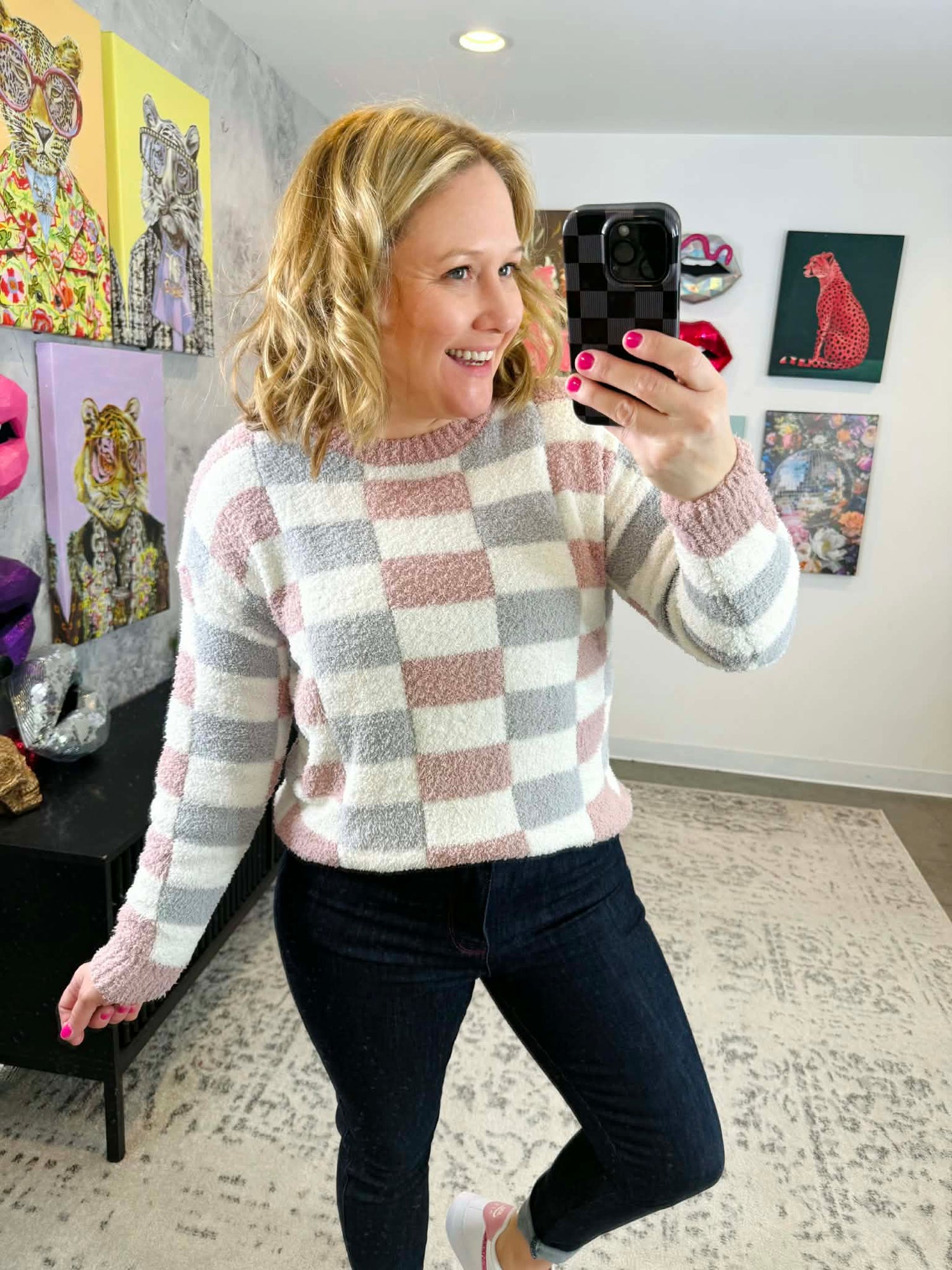 MM Checkered Sweater - Grey and Pink {S-3X} - KaraMarie