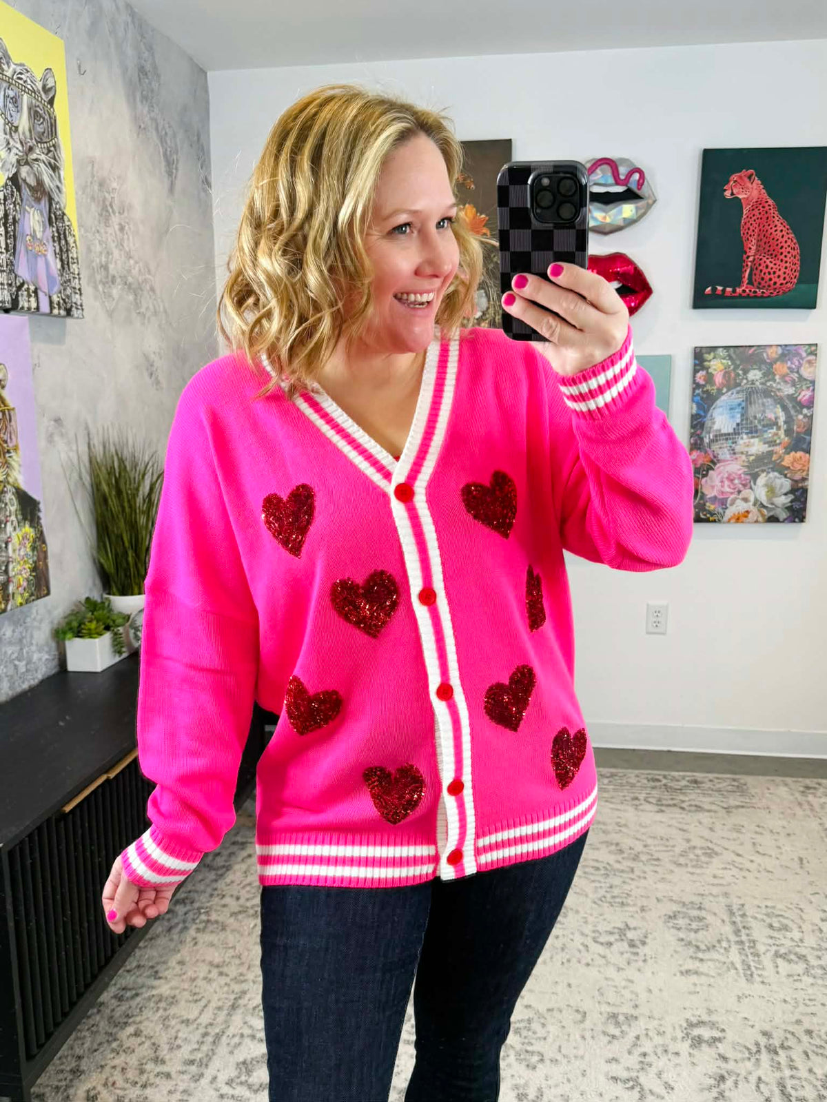 Sequin Patch Happy Hearts Cardigan {S/M-2X/3X} - KaraMarie