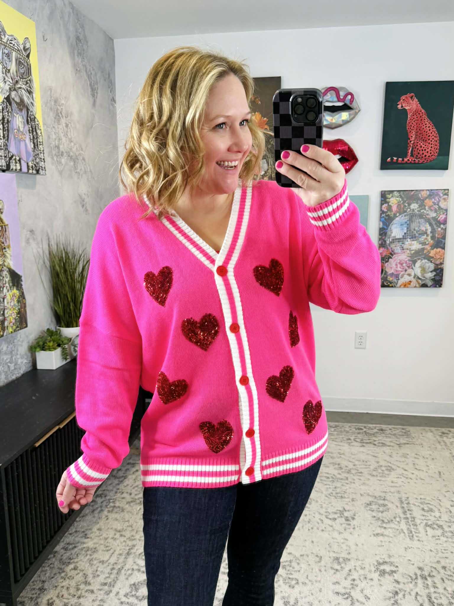 Sequin Patch Happy Hearts Cardigan {S/M-2X/3X} - KaraMarie